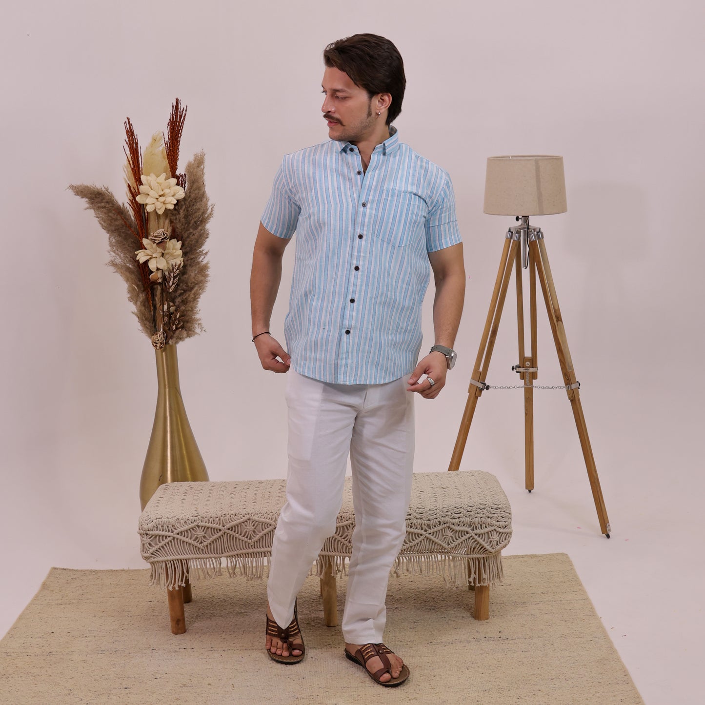 Blue-White Stripped Cotton Half Sleeves Shirt with White Pant Combo Set