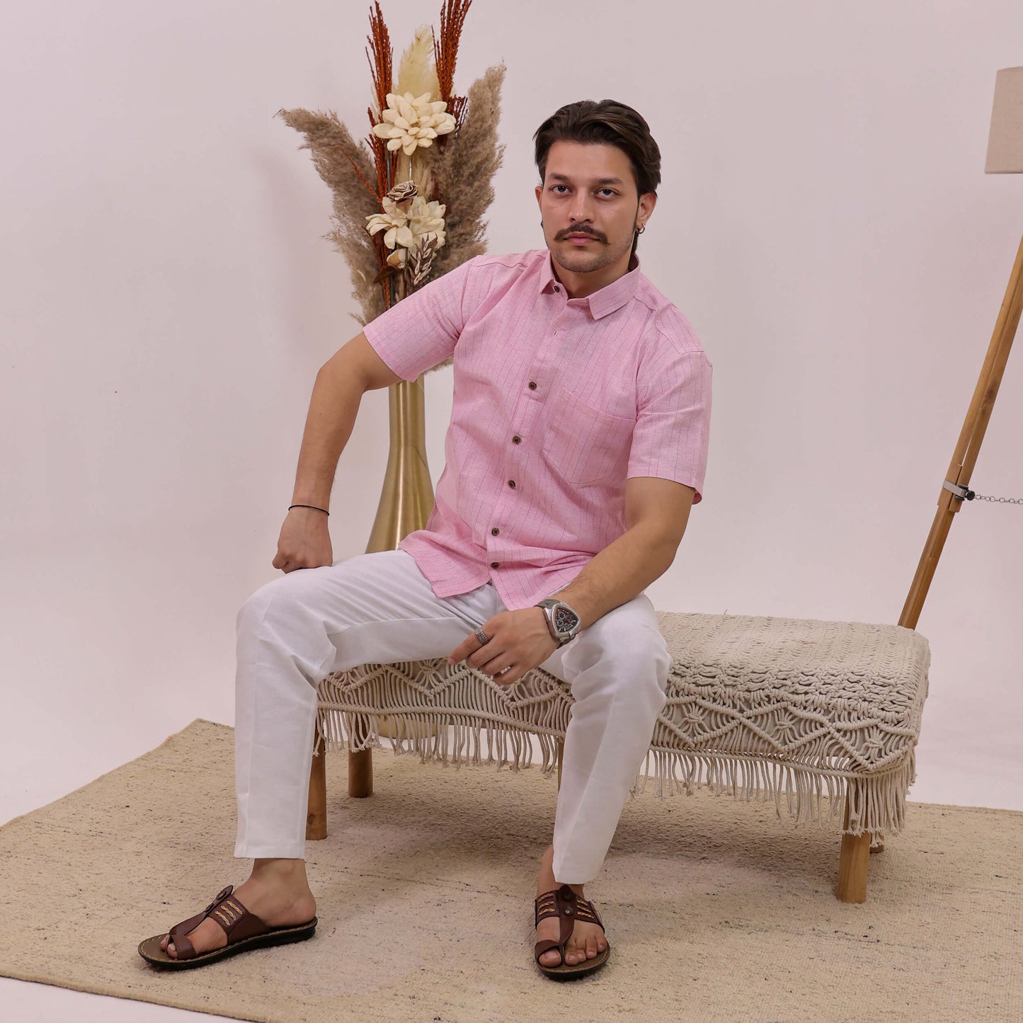 Pink Softline Cotton Half Sleeves Shirt with White Pant Combo Set