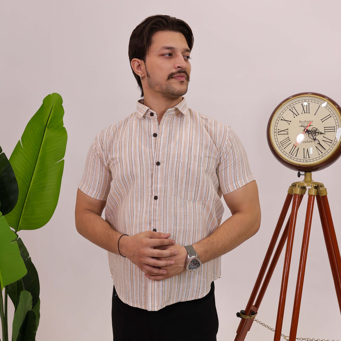 Beige-White Stripped Cotton Half Sleeves Shirt with Black Pant Combo Set