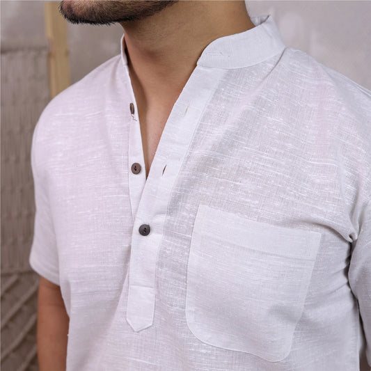 White Shudh Linen Handmade Cotton Half Sleeve Short Kurta