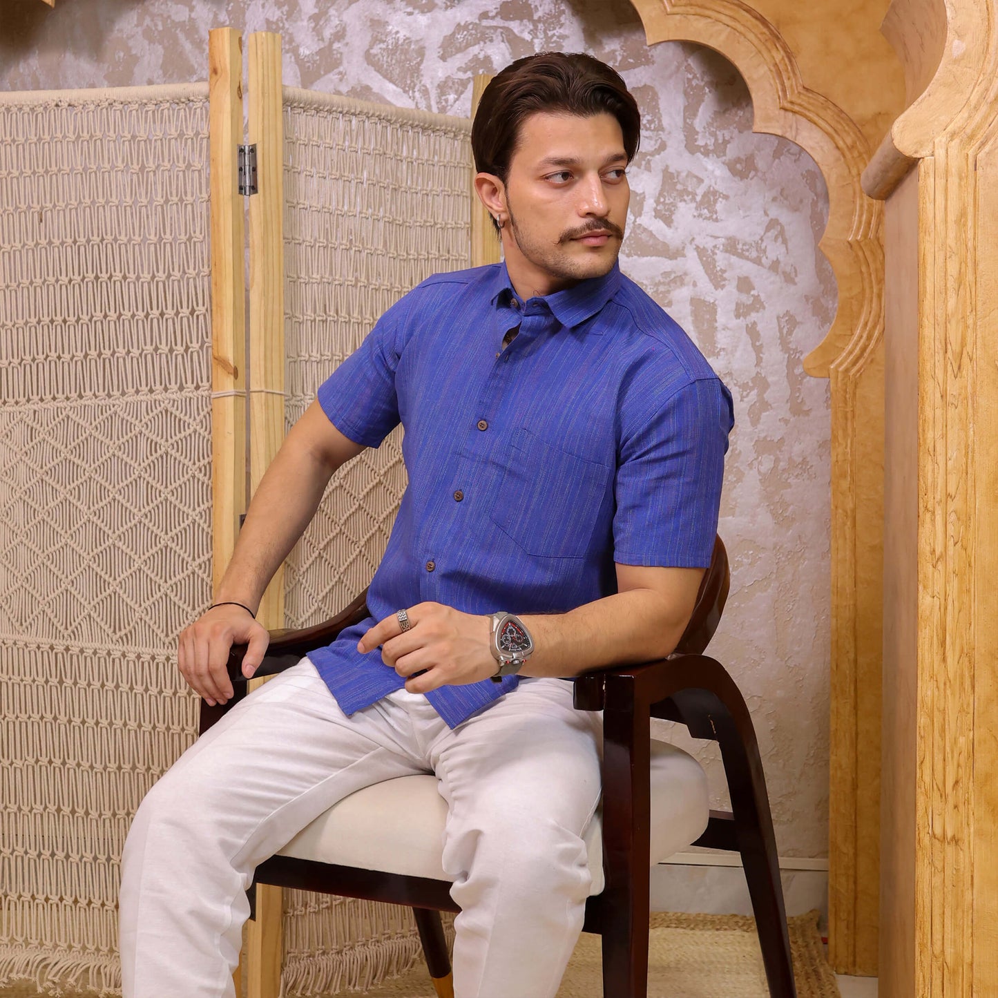 Blue Threadline Handloom Cotton Half Sleeves Shirt for Men | Kargham