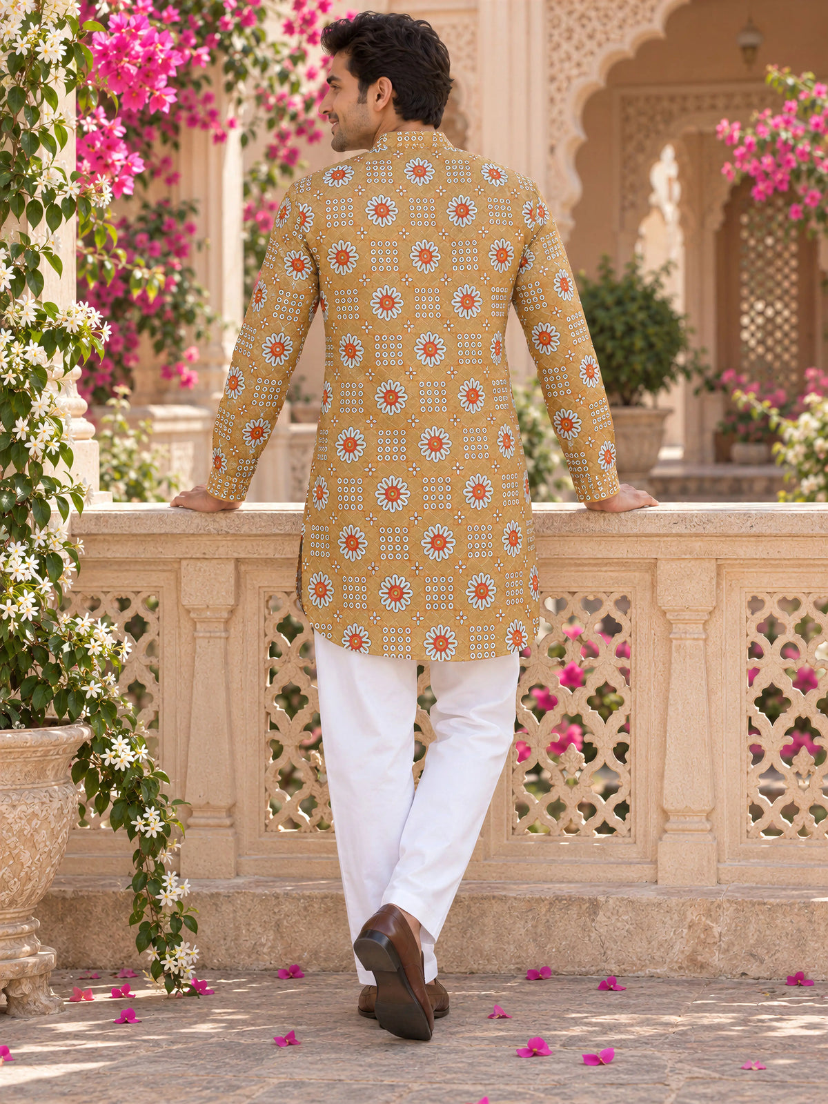 Camel Antique Floral Printed Men's Kurta