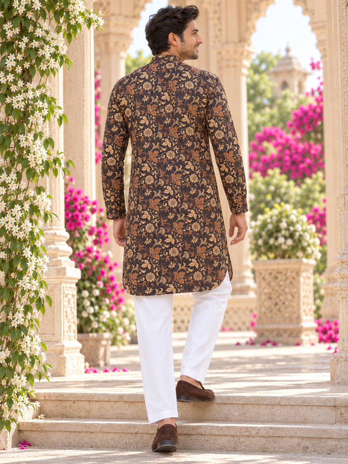 Dark Brown Vintage Printed Men's Kurta