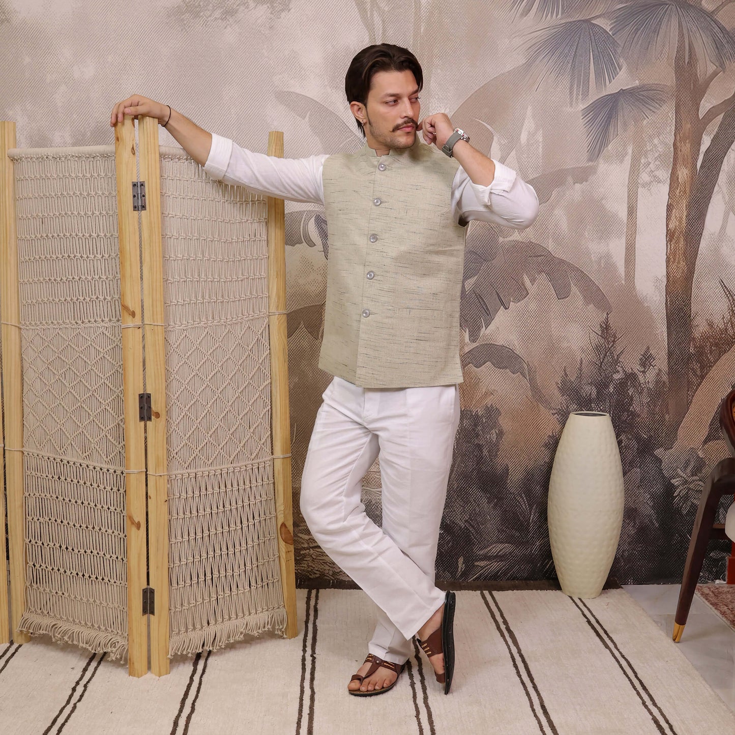 Side pose of Sand Handloom Cotton Bhagalpur Modi Jacket for Men.