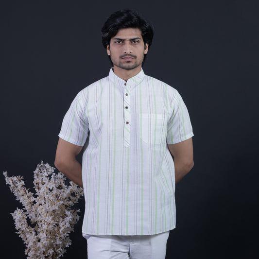 White Base Green Stripe Kurta Close-Up with Mandarin Collar
