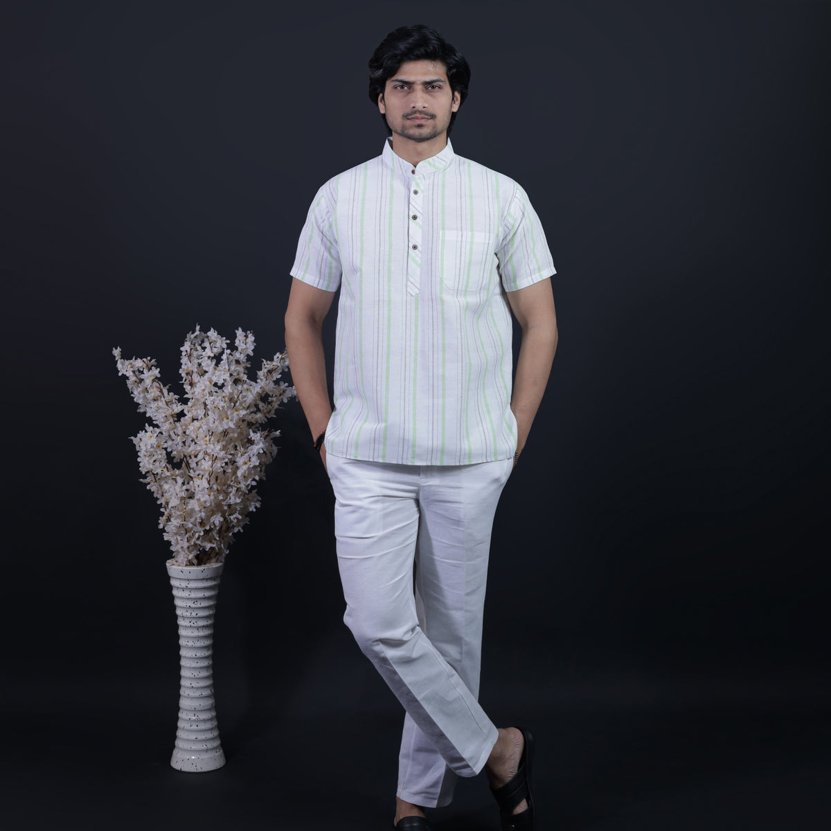 Men's Half Sleeves Green Stripe Kurta Pant Combo Full Outfit Look