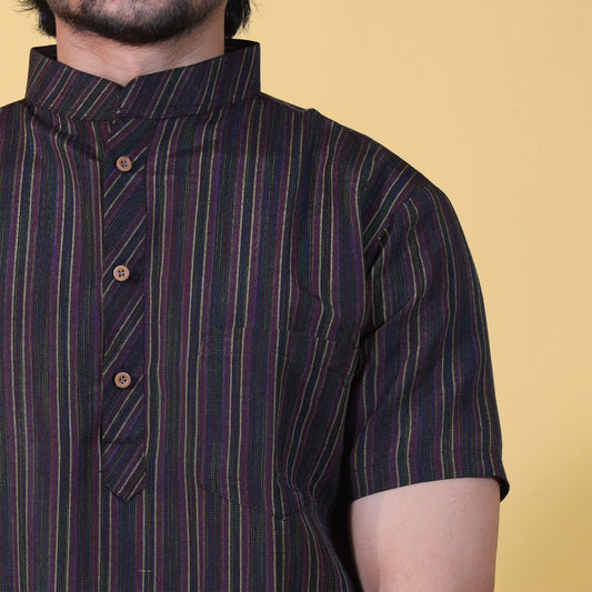 Close-up of black breeze striped khadi kurta texture and buttons