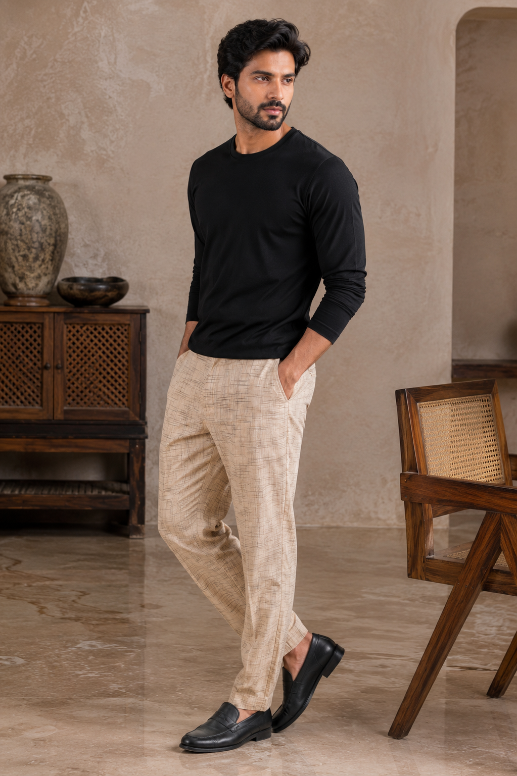 Handwoven Cotton Beige Jharna Pants for Men | Lightweight Casual Trousers