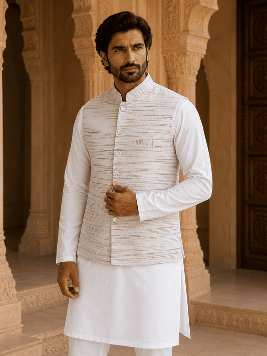 Green-Orange Pattern White Jharna Khadi Cotton Modi Jacket | Kargham