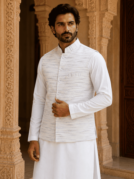 Green Pattern White Jharna Khadi Cotton Modi Jacket | Kargham