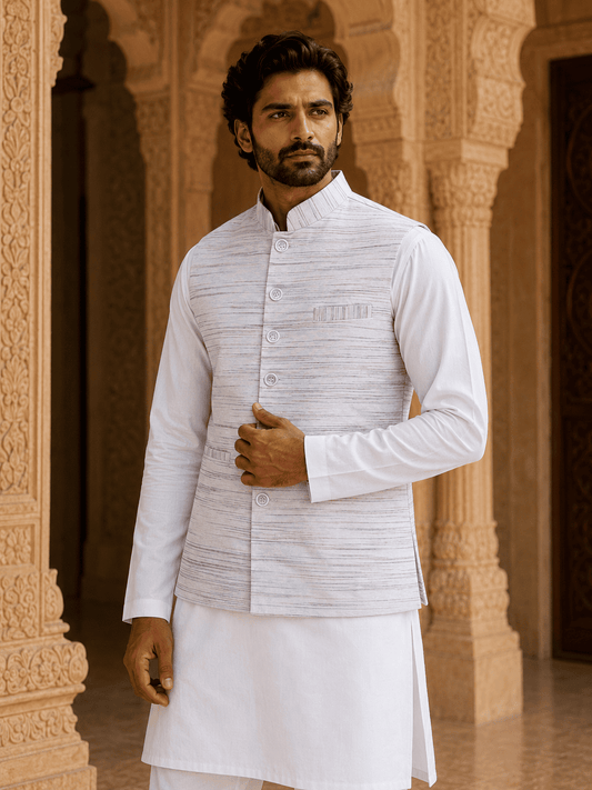 Sky Blue Pattern White Jharna Khadi Cotton Modi Jacket | Kargham
