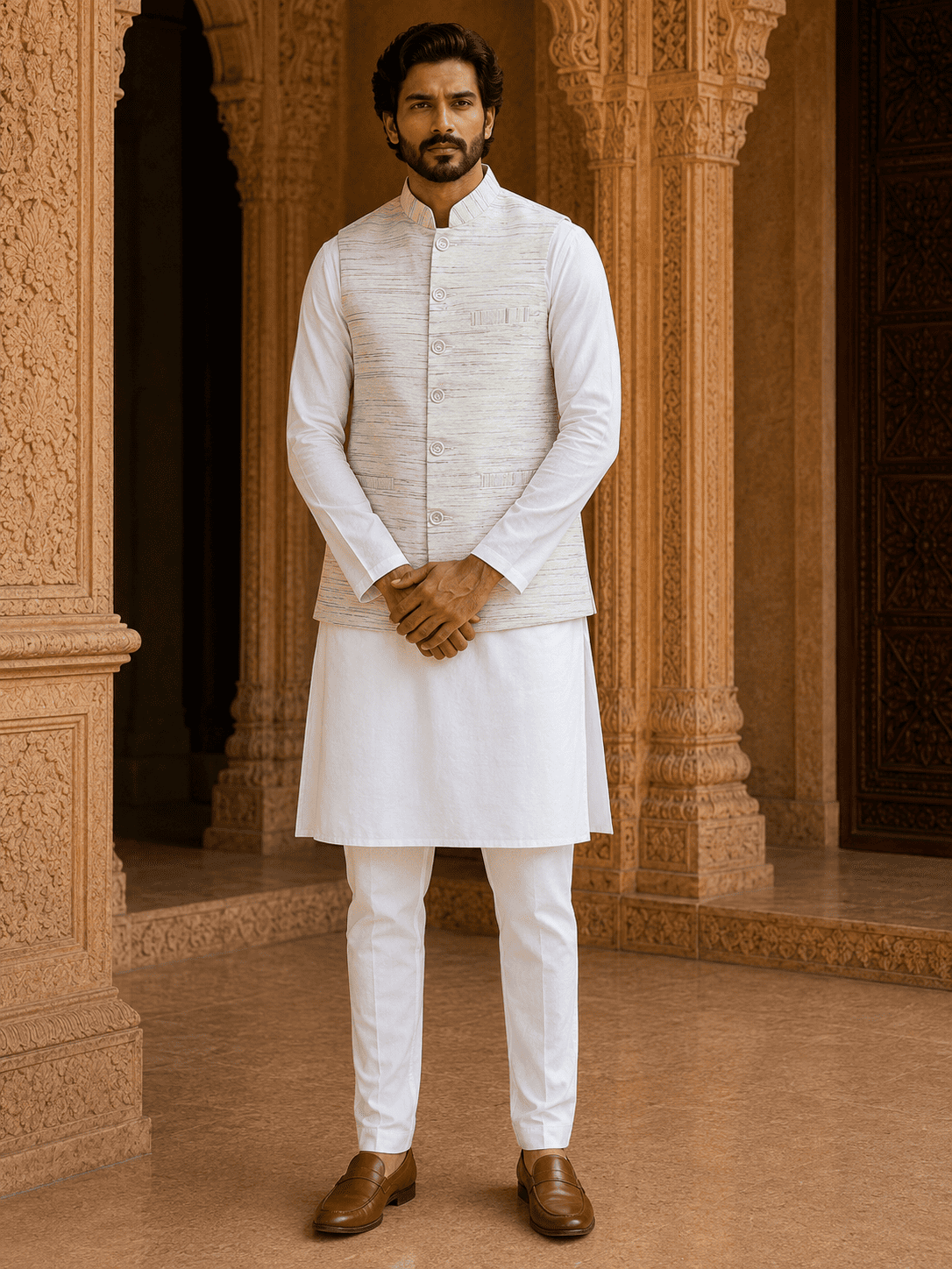Yellow Pattern White Jharna Cotton Modi Jacket | Kargham