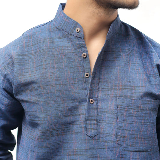 Blue Tone Dark Jharna Khadi Kurta Fabric Texture and Mandarin Collar Close-Up
