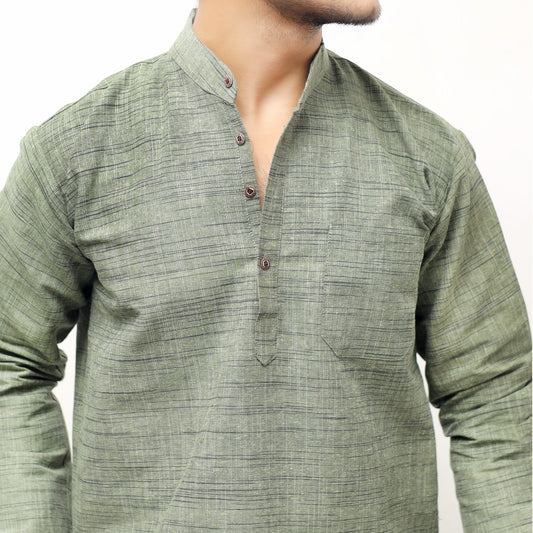 Green Tone Dark Jharna Full Sleeves Kurta textured Khadi fabric close-up