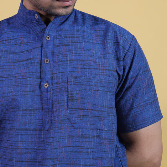 Dark Blue Jharna Pattern Kurta Collar and Pocket Close-Up