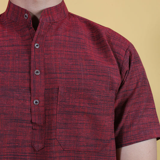 Red Pattern Dark Jharna Kurta Collar and Pocket Close-Up
