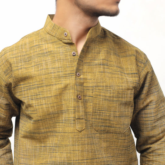 Mustard cotton khadi short kurta collar and button detail