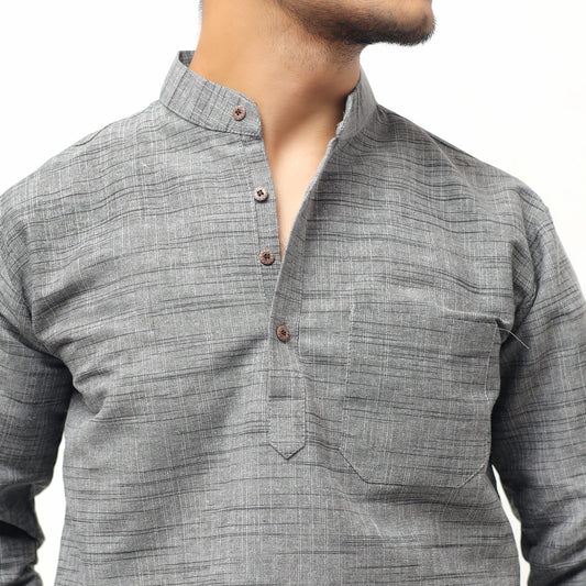 Grey khadi cotton short kurta mandarin collar Dark Jharna texture