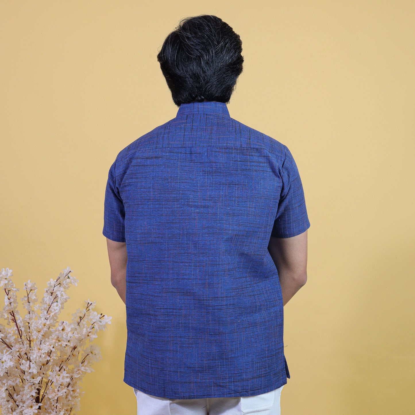 Back view blue khadi cotton short kurta for men