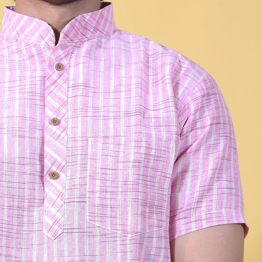 Golden Striped Pink Kurta Collar and Fabric Detail Close-Up