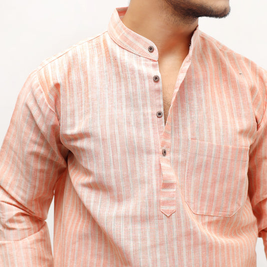 Orange Golden Striped Khadi Kurta collar and placket detail