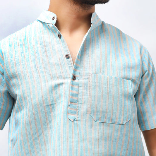 Blue Golden Striped Khadi Kurta Collar and Stripe Detail Close Up