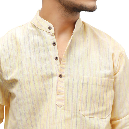 Golden striped khadi kurta mandarin collar detail