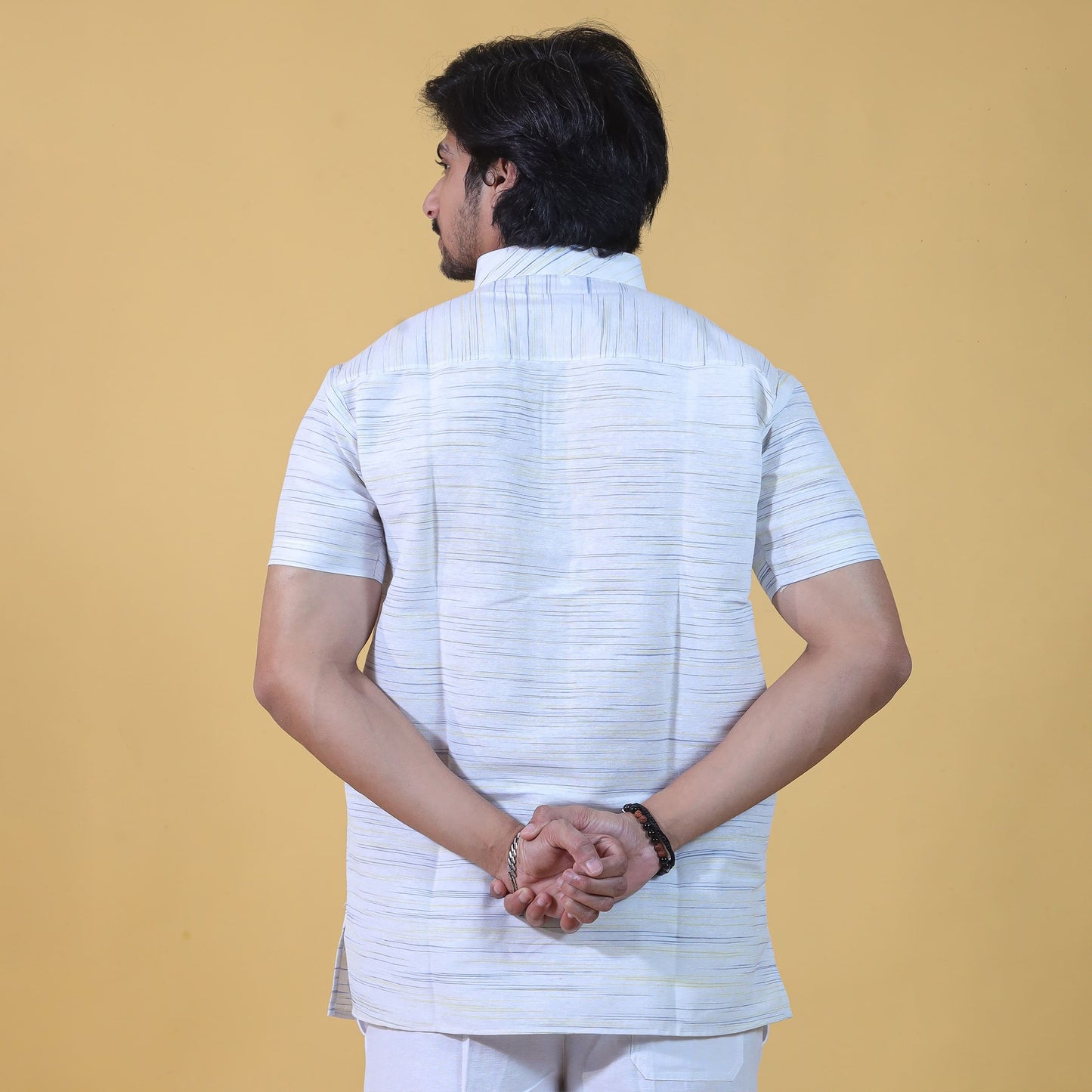 back view white khadi kurta with yellow jharna texture