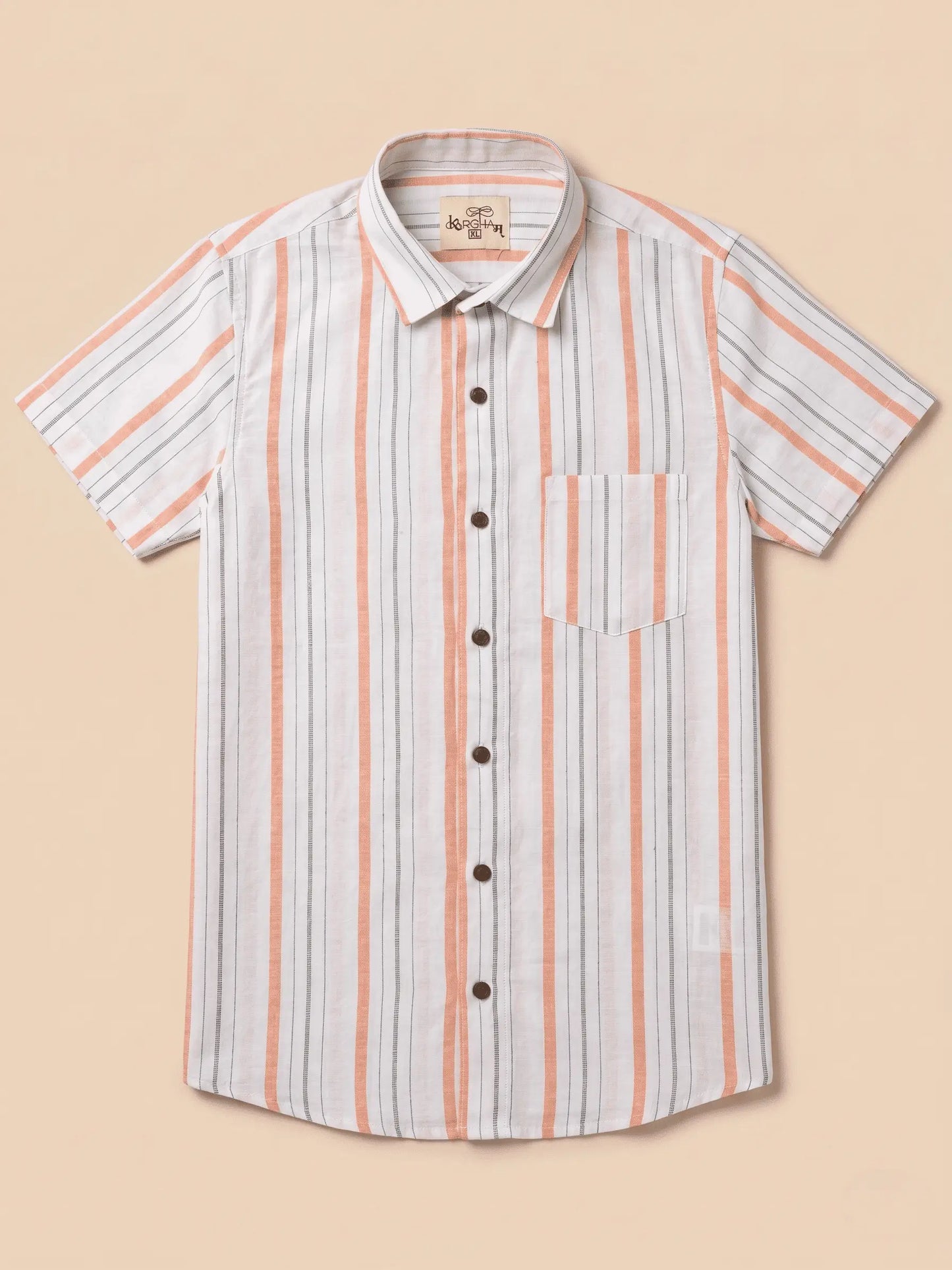 Orange Line White Base Cotton Shirt for Men | Half Sleeves