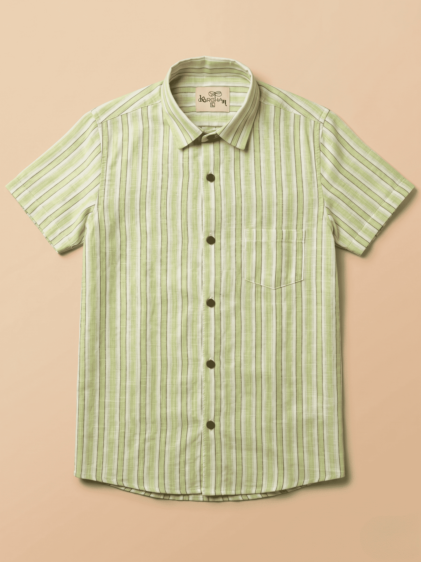 Green-White Stripped Khadi Cotton Shirt for Men | Half Sleeves