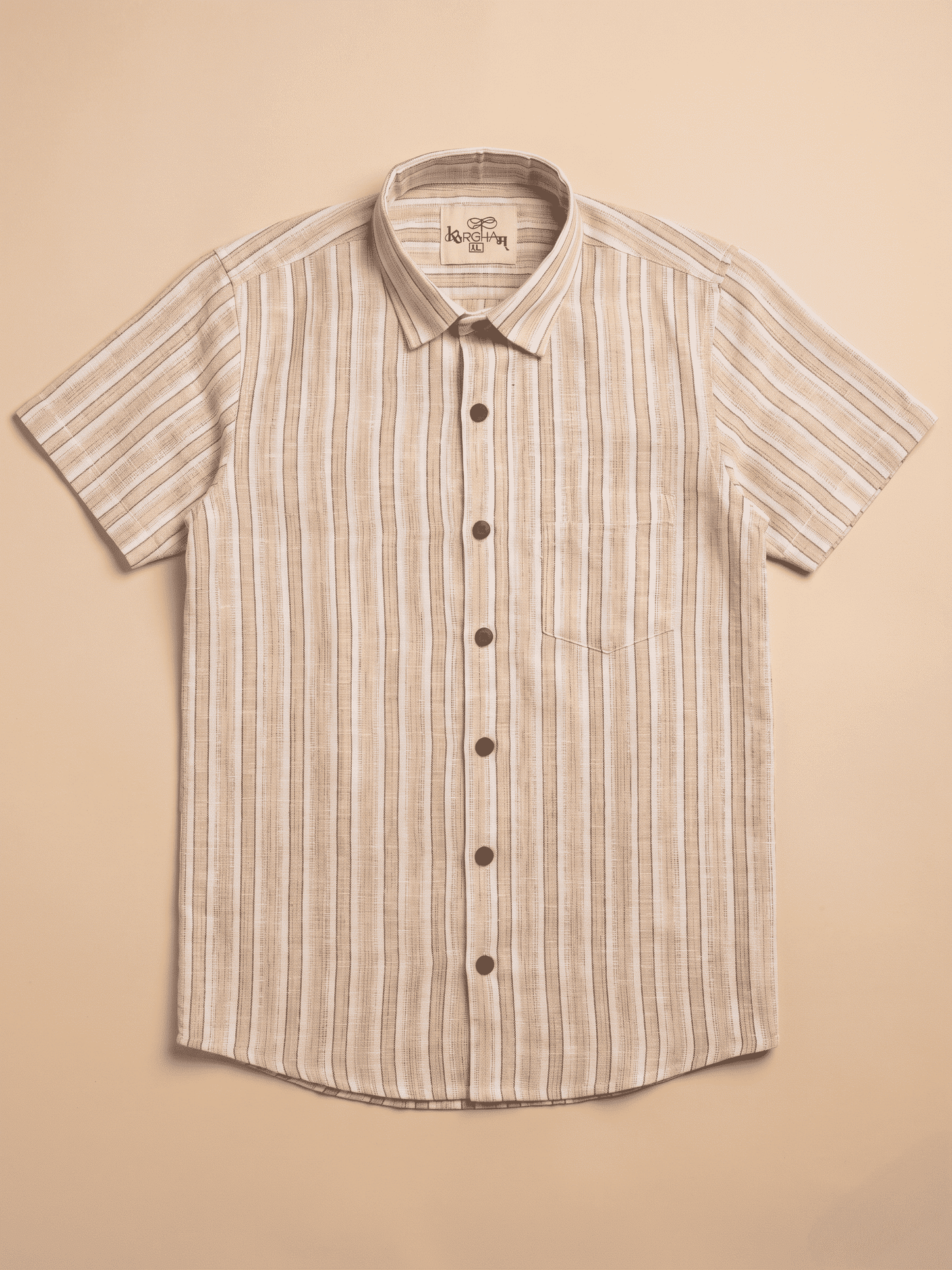 Skin-White Stripped Khadi Cotton Shirt for Men | Half Sleeves