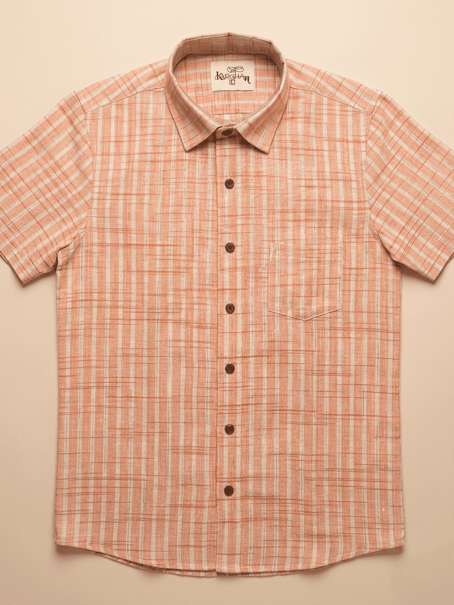 Orange Golden Stripped Khadi Shirt for Men | Half Sleeves Cotton Shirt