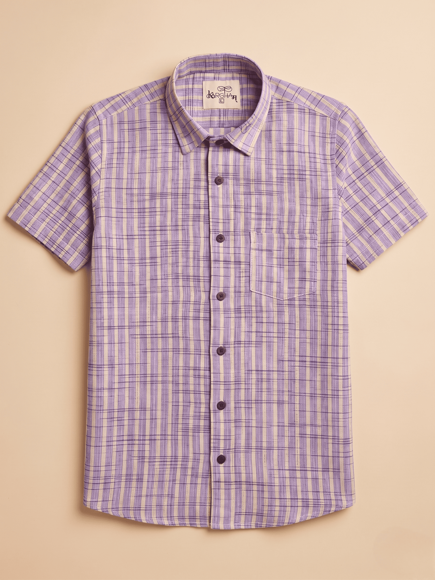 Purple Golden Stripped Khadi Shirt for Men | Half Sleeves Cotton Shirt