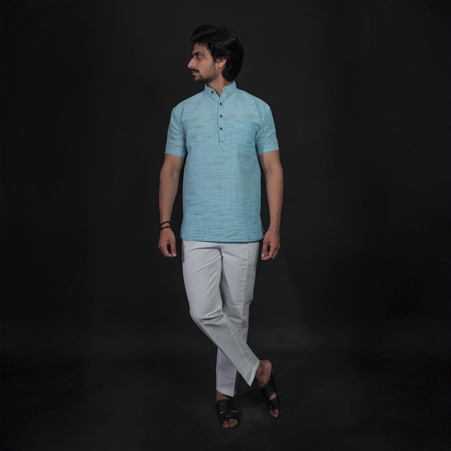 Men’s Half Sleeves Sky Blue Jharna Short Kurta & White Pant Combo Set