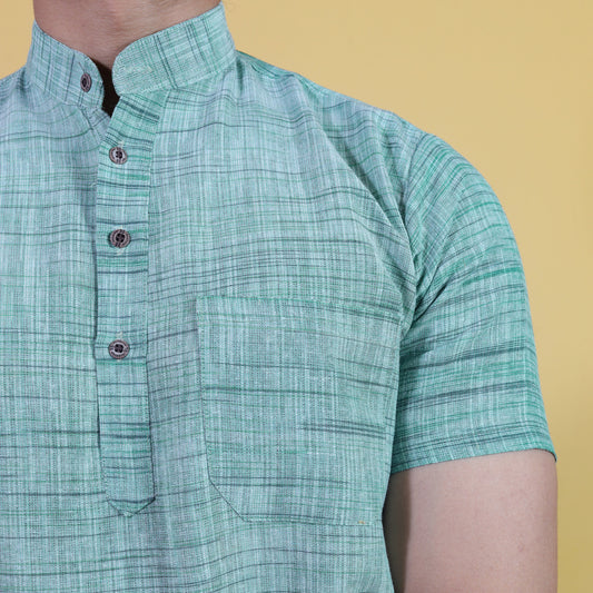 Close-up of Green Light Jharna khadi cotton kurta texture and mandarin collar
