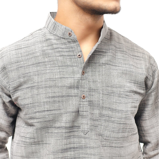 Grey textured khadi cotton short kurta close-up design