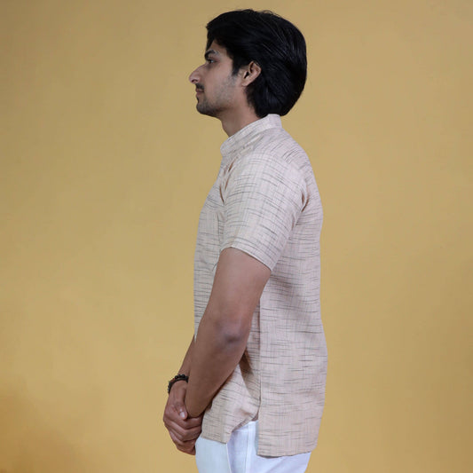 Side view beige short khadi kurta minimal ethnic outfit