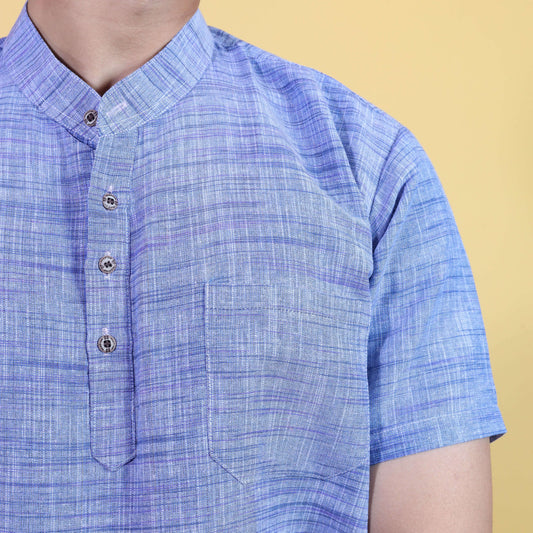 Close-up texture of blue Jharna khadi kurta fabric detail