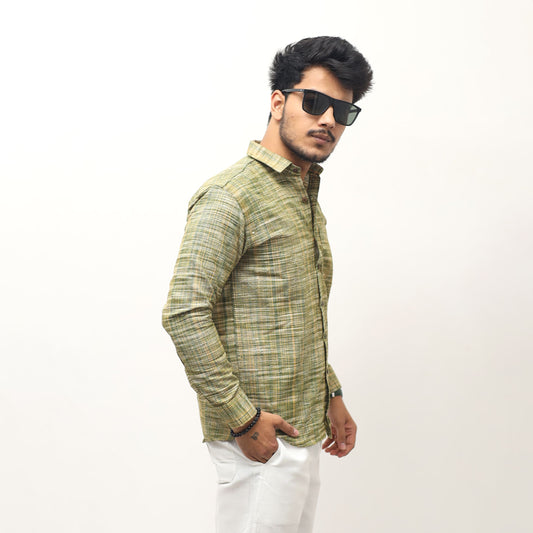 green khadi cotton shirt full sleeves textured fabric