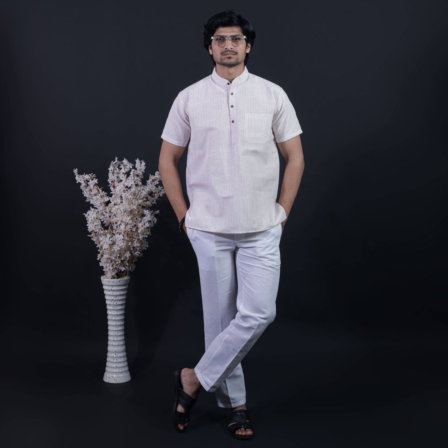 Beige Color Loomstripe Half Sleeves Kurta Pant combo set for men