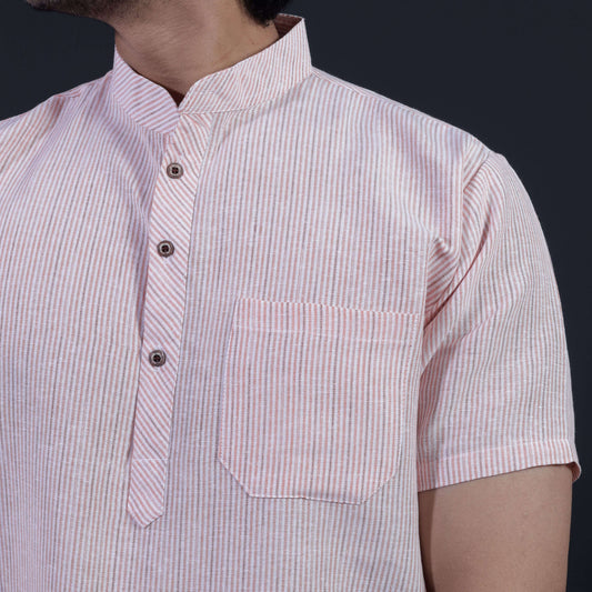 Orange loomstripe short kurta chest pocket and mandarin collar close-up