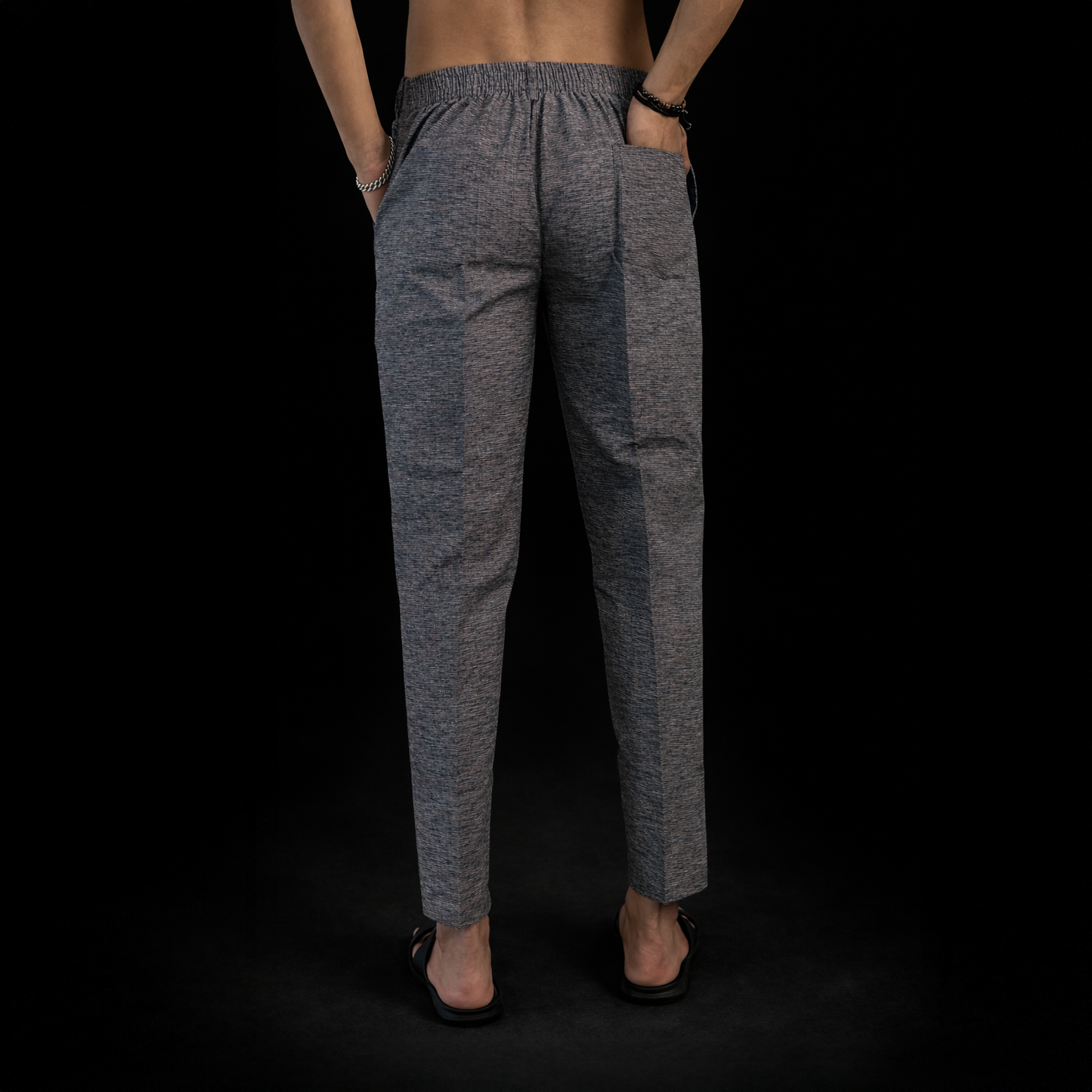 Grey khadi pants back view elastic waist comfortable fit