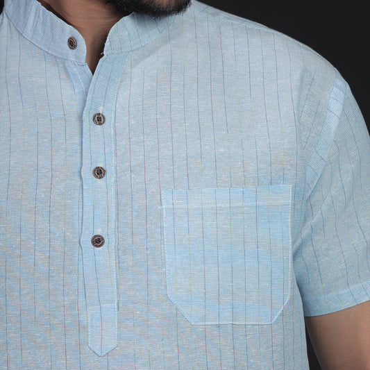 Close-up of blue softline striped khadi cotton kurta collar and pocket detail