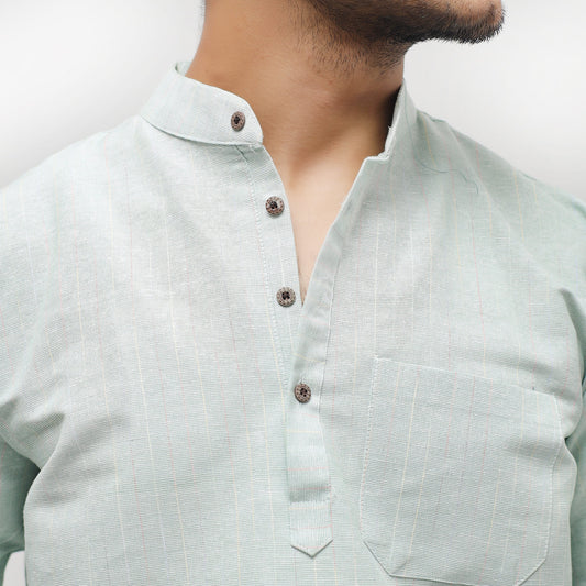Green Tone Khadi Cotton Short Kurta collar and button detail