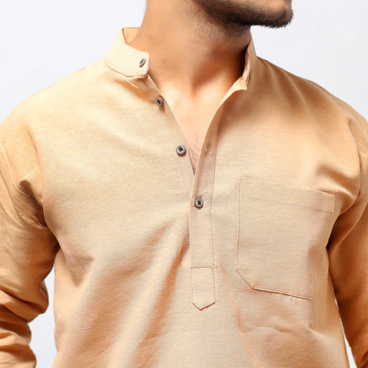 Beige khadi cotton short kurta mandarin collar close-up texture view