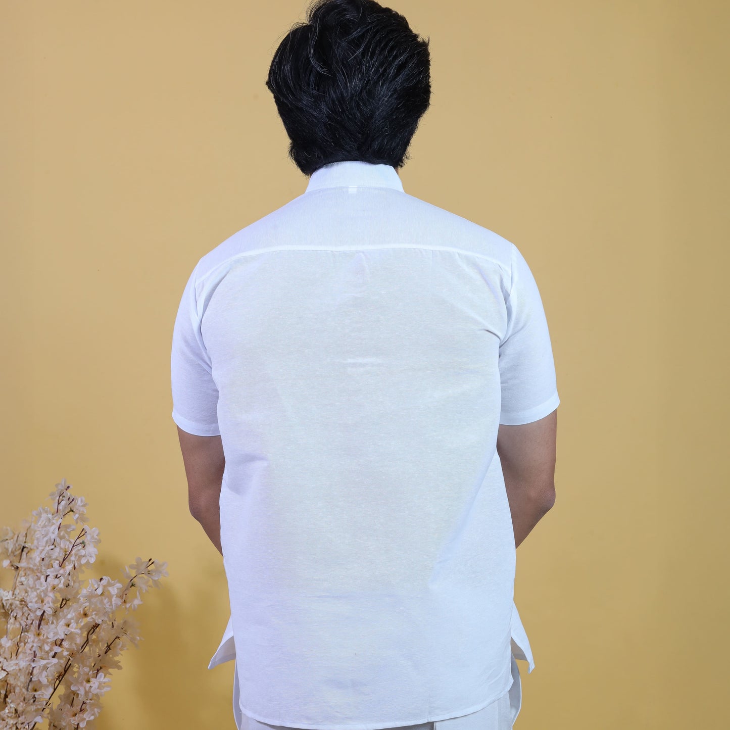 Back view white solid khadi short kurta for men