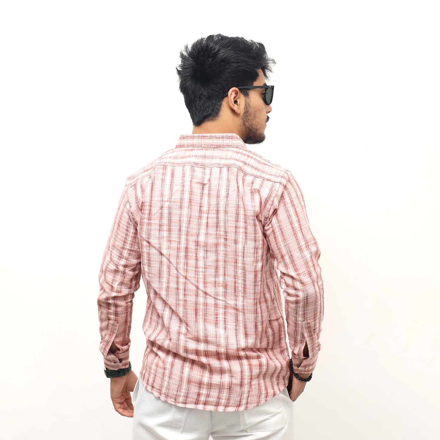 Back view pink jharna stripe khadi shirt for men