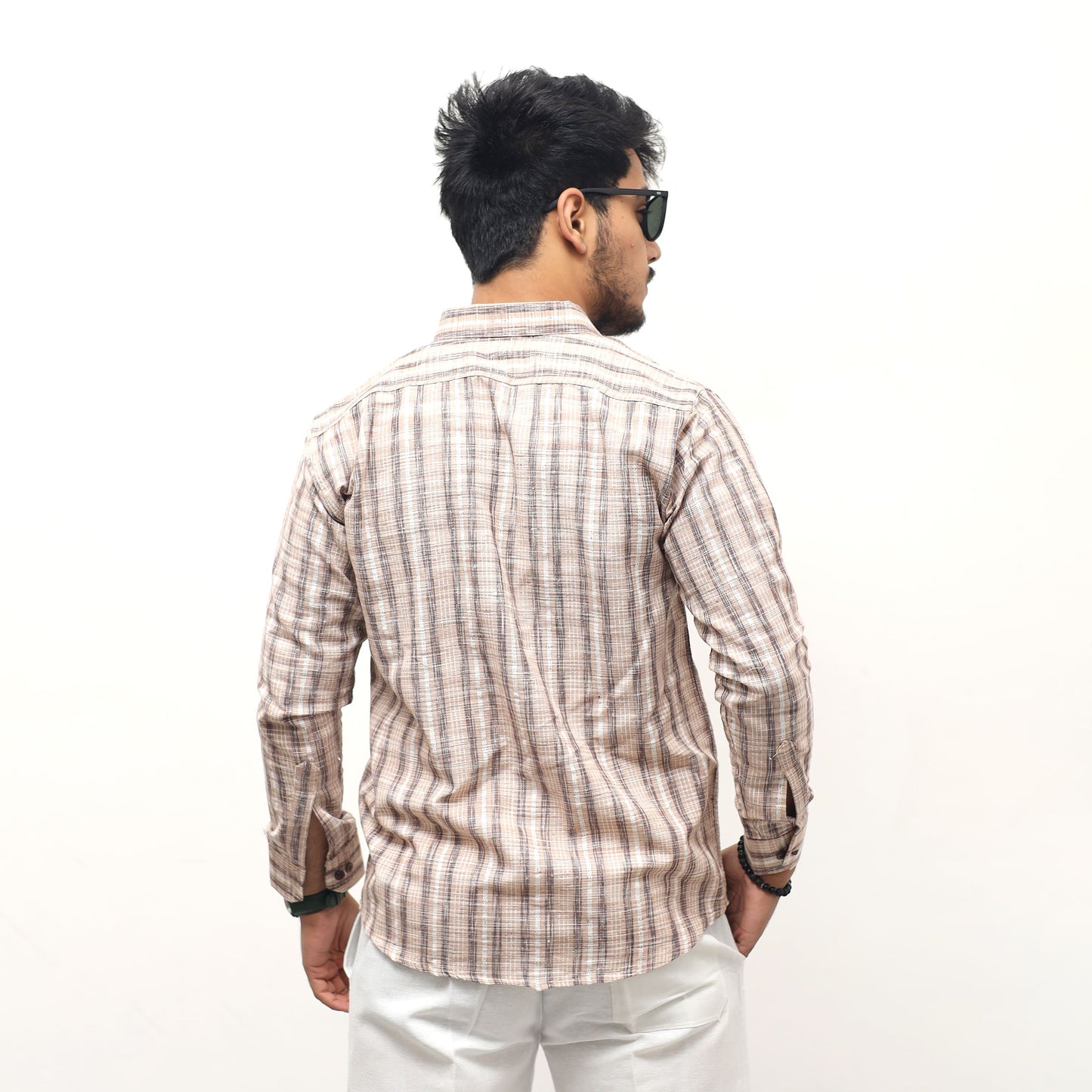back view beige khadi cotton jharna stripe full sleeves shirt