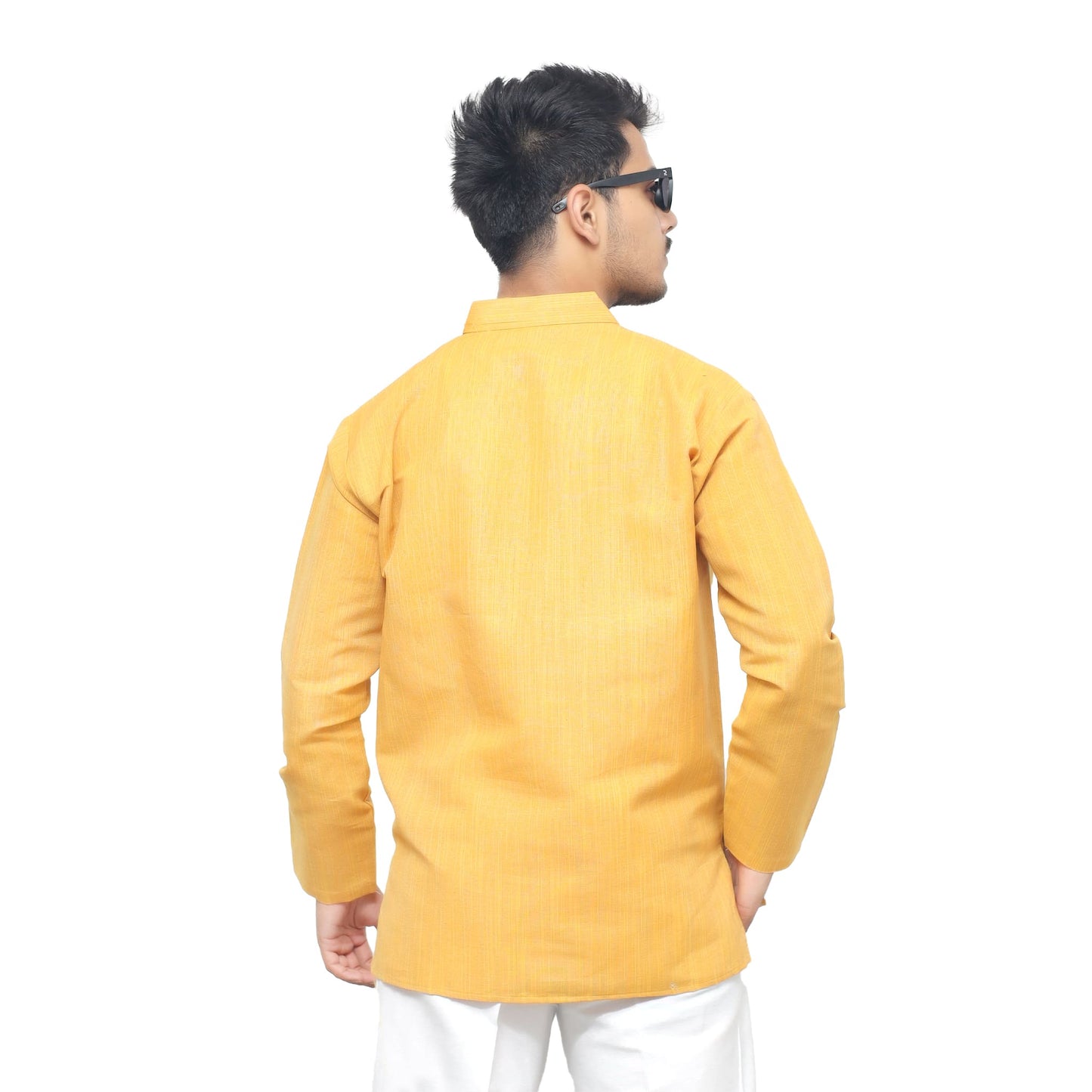 Back view yellow thread lines full sleeves cotton short kurta men casual outfit