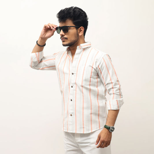 Orange striped khadi shirt for men front view cotton